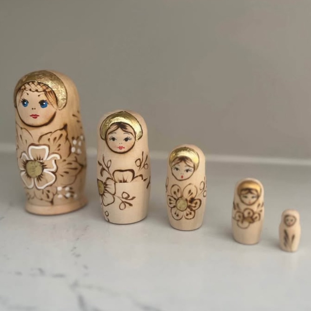 Handcrafted Wooden Nesting Dolls - Gold and Cream